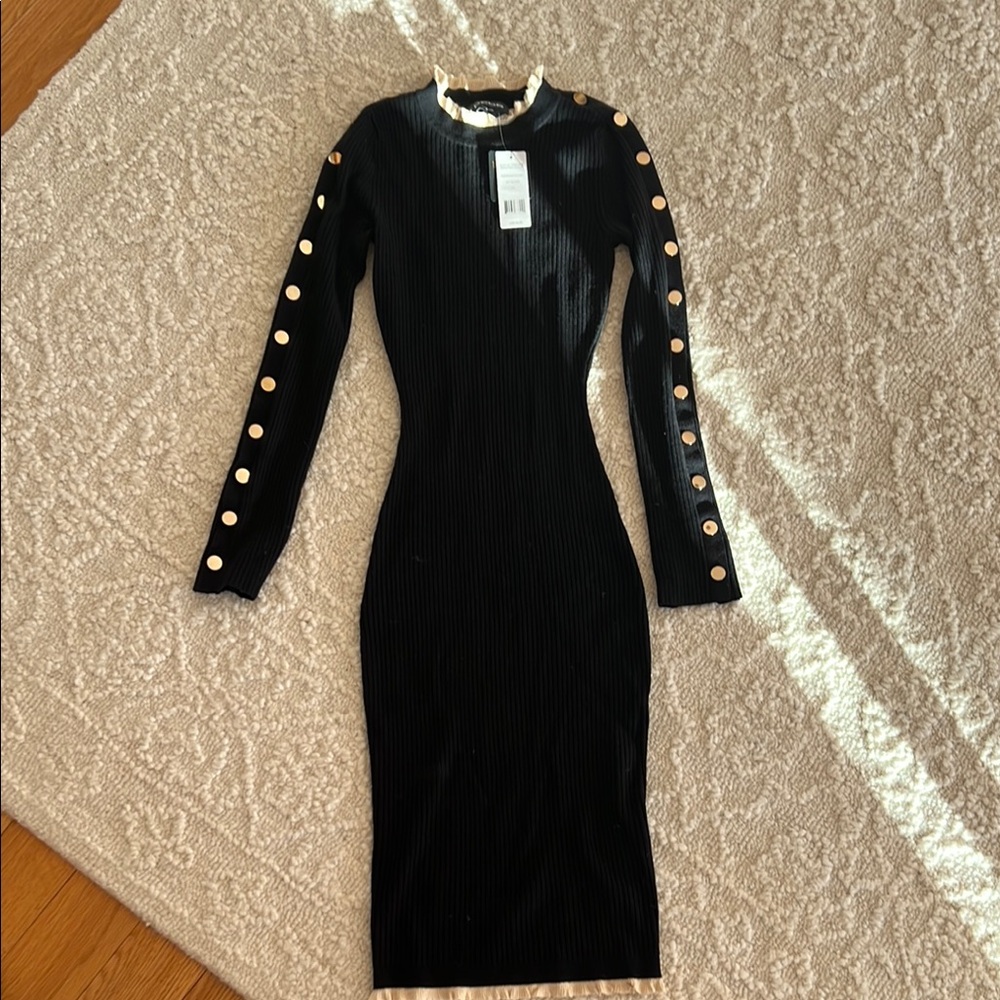 Bebe Black Embellished Mock Neck Bodycon Dress
